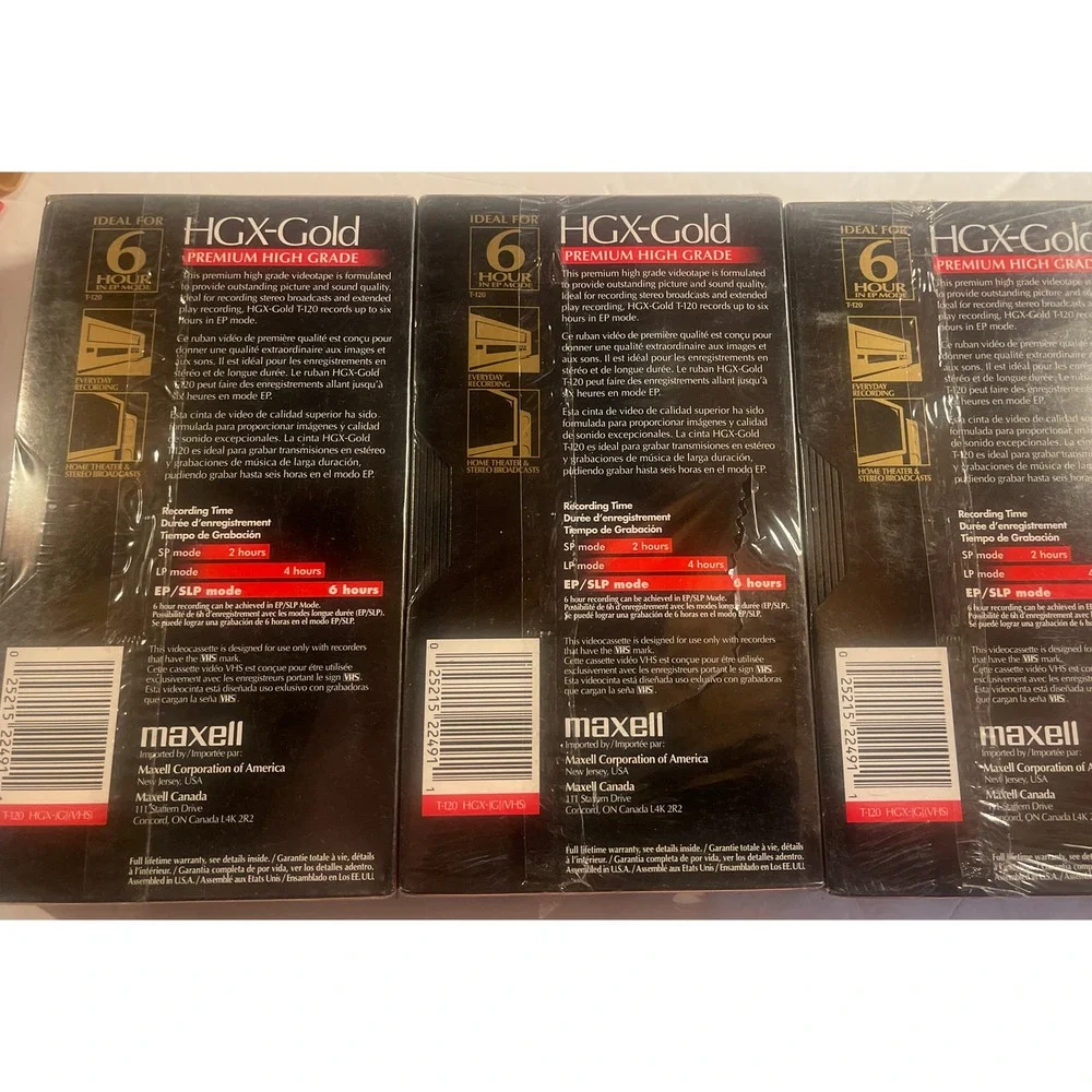 Maxwell VHS High Grade X-Gold T-120 6 Hour Premium High grade Tapes Lot of 3 NEW